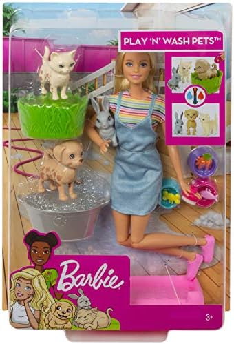 Barbie Play 'n Wash Pets Playset with 3 Color-Change Animals & 10 Toy Accessories, Blonde Fashion Doll with Blue Eyes