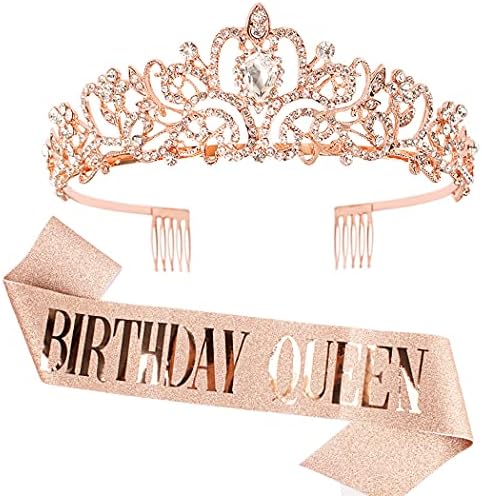 "Birthday Queen" Sash & Rhinestone Tiara Set COCIDE Rose Gold Birthday Sash and Tiara for Women Birthday Decoration Kit Rhinestone Headband for Girl Glitter Crystal Hair Accessories for Party