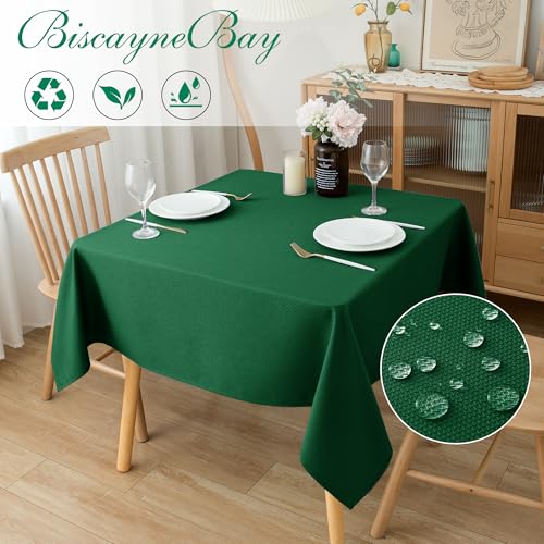 Biscaynebay Textured Fabric Christmas Square Tablecloths 54x54 Inches, Hunter Green Water Resistant Spill Proof Tablecloths for Dining, Kitchen, Wedding and Parties etc. Machine Washable
