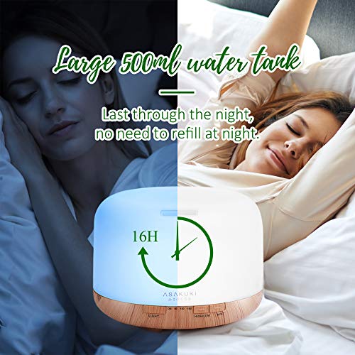 ASAKUKI Essential Oil Diffuser with Essential Oils Set, 500ml Aromatherapy Diffuser - 14 LED Colors & Auto Shut-Off, Top 6 Essential Oils - Lavender Eucalyptus Tea Tree Orange Peppermint Lemongrass