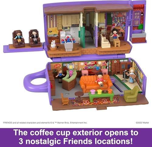 Polly Pocket Friends Compact Playset with 6 Character Dolls & 9 Accessories, Coffee Cup Exterior, Collectible Toy