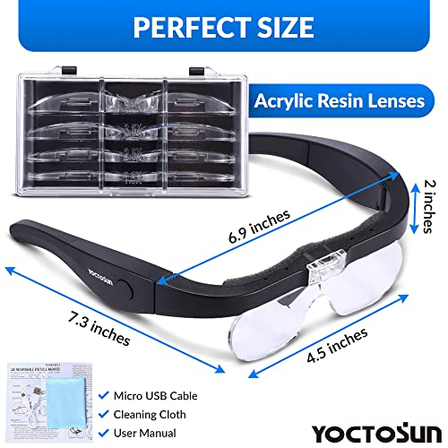 YOCTOSUN Magnifying Glasses with 2 LED Lights,4 Detachable Lenses, Storage Case, Head Strap, Hands Free Headband Magnifier for Close Work, Jewelry, Hobby,Crafts