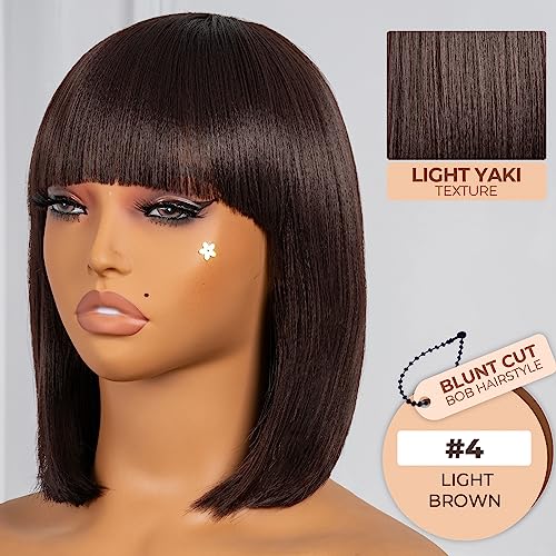 ToyoTress Short Bob Wigs With Bangs - 12 Inch Light Brown Yaki Straight Hair Daily Costume Wig For Black Women, Soft Light Synthetic Hair Replacement Wigs Heat Resistant (12 Inch, #4-612H)