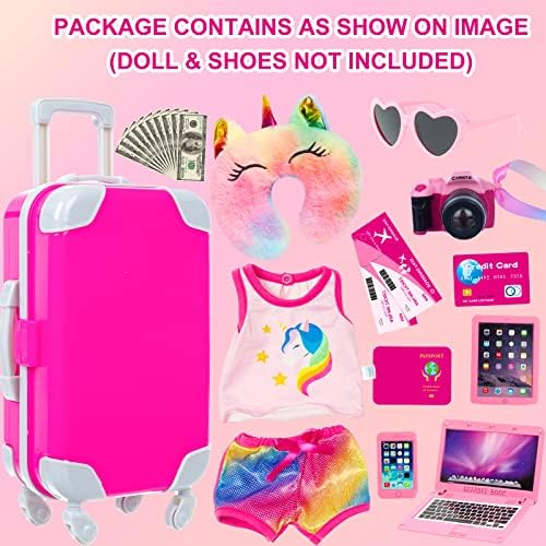 23 Pcs American 18 inch Doll Clothes and Accessories - Suitcase Luggage, Pillow, Sunglasses, Camera, Passport, Mobile Phone, Computer Doll Travel Gear Play Set