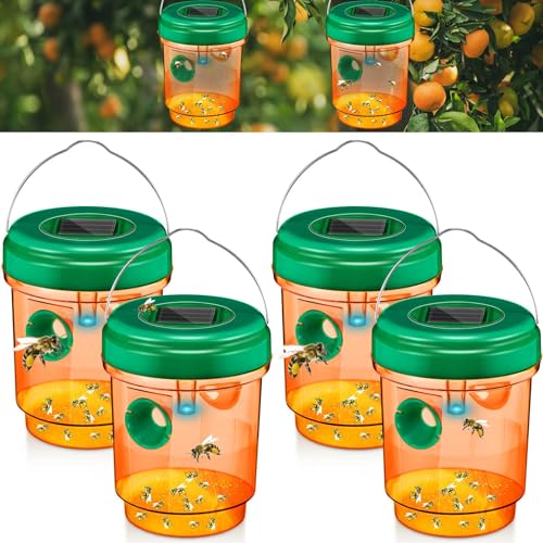 4 Pack Wasp Traps Outdoor Hanging Fly Traps with UV LED Light Solar Powered Hornet Trap Non-Toxic Reusable Hornet Traps Wasp Killer for Indoor Outdoor Patio Garden Home (Orange)