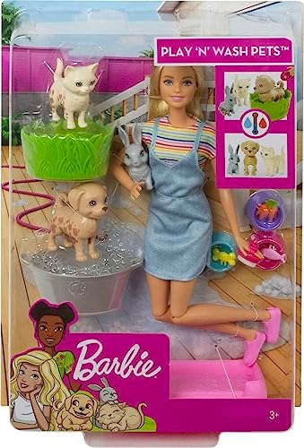 Barbie Play 'n Wash Pets Playset with 3 Color-Change Animals & 10 Toy Accessories, Blonde Fashion Doll with Blue Eyes