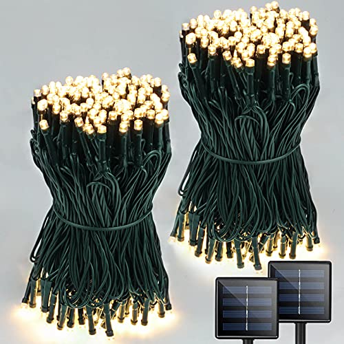 Super-Long 2-Pack Each 85FT Solar String Lights Outdoor, 480 LED Extra-Bright Solar Christmas Lights Outdoor, Waterproof Green Wire 8 Modes Solar Lights for Outside Garden Decorations (Warm White)