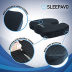 Sleepavo Black Memory Foam Seat Cushion for Office Chair - Cooling Gel Pillow for Sciatica, Coccyx, Lower Back, Tailbone Pain Relief Cushion - Chair Pad for Lumbar Support in Office Desk, Car
