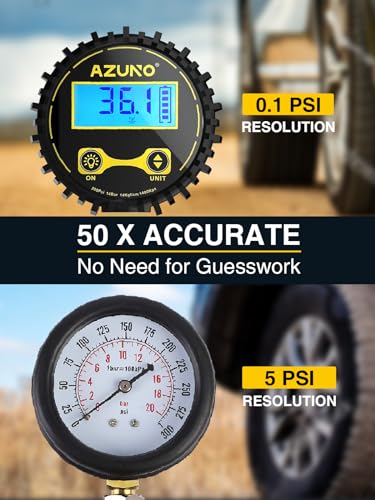 AZUNO Digital Tire Inflator with Pressure Gauge, 200 PSI, Heavy Duty Air Compressor Accessories, with Rubber Hose Lock on Air Chuck and Quick Connect Coupler, Comes with a Portable Carrying Box