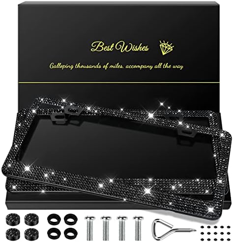 2 Pack Bling License Plate Frames for Women, Sparkly Rhinestone Diamond Car Accessories with Glitter Crystal Caps (Black)
