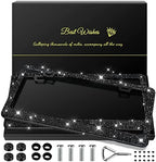 2 Pack Bling License Plate Frames for Women, Sparkly Rhinestone Diamond Car Accessories with Glitter Crystal Caps (Black)