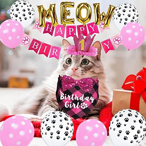 Cat Birthday Party Pack - Outfits, Bandana, Hat, Crown, Bow Tie, Number Banner, Meow & Cat Balloons for Kitten's Special Day