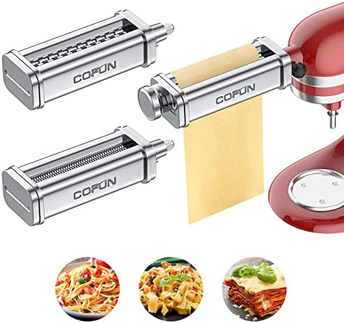 Pasta Attachment for KitchenAid Stand Mixer, 3 Piece Pasta Making Kit Including Pasta Roller, Cutter for Authentic Spaghetti and Fettuccine Sheets, Durable Noodle Accessories by Cofun