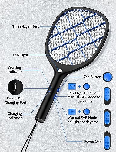 YISSVIC Electric Fly Swatter Bug Zapper Racket Rechargeable Mosquito Killer with LED Light for Indoor Home Office Backyard Patio Camping (Black)