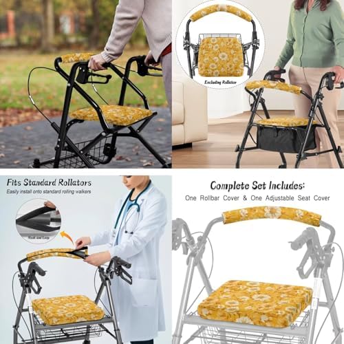 LedBack Cushion Walkers Accessories Sets Yellow Flowers Walker Seat Backrest Covers Replacement Storage Bag for Rollator Seat & Roller Bar Covers, Easy to Clean