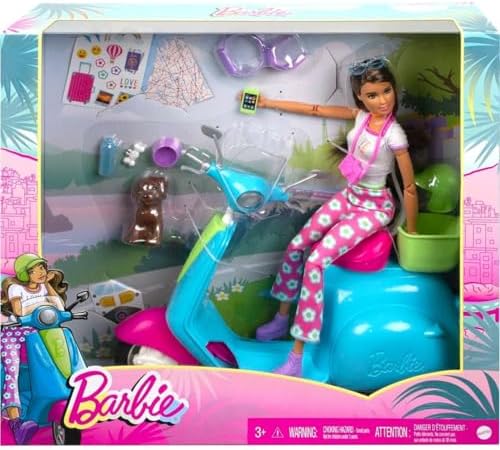 Barbie Fashionistas Doll & Scooter, Travel Playset with Stickers, Pet Puppy & Themed Accessories Like Map & Camera (Amazon Exclusive)
