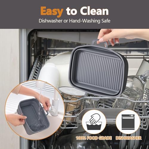 Collapsible 2-Pack Air Fryer Silicone Liners for 10QT NINJA Foodi Dual, Rectangular Air Fryer Silicone Pot, Reusable Silicone Air Fryer Basket for Air Fryer Accessories (Gray)