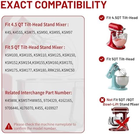 K45WW 6 Wire Whip Attachment for KitchenAid 4.5 5 Quart Tilt-Head Stand Mixer, Dishwasher Safe, Stainless Steel Whisk for Kitchen Aid Mixer Accessory Replacement Parts