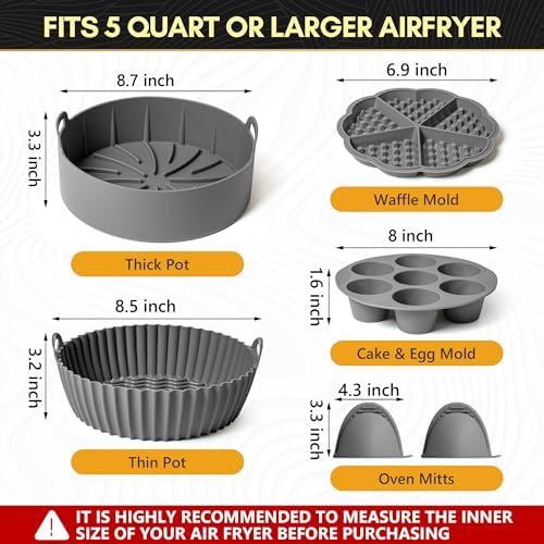 "Silicone Air Fryer Liners Set of 5 – Reusable Air Fryer Accessories with Waffle & Egg Bite Mold, Oven Mitts – Non-Stick, Food-Grade, Heat-Resistant for 5-7 Qt Ninja, Cosori, Instant Pot"