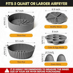 "Silicone Air Fryer Liners Set of 5 – Reusable Air Fryer Accessories with Waffle & Egg Bite Mold, Oven Mitts – Non-Stick, Food-Grade, Heat-Resistant for 5-7 Qt Ninja, Cosori, Instant Pot"
