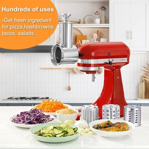 Large Stainless Steel Slicer Shredder Attachment for KitchenAid Mixers,Dishwasher Safe Vegetable Cheese Grater Accessories with 4 Cutting Blades by KINGEAGLE