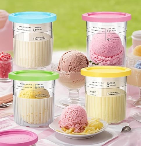 For Ninja Creami Deluxe Pint and Lids 24oz Replacement Ice Creanm Containers Compatible with NC501, NC500 Series Ice Cream Maker Leakproof Reusable Dishwasher Safe Set of 4