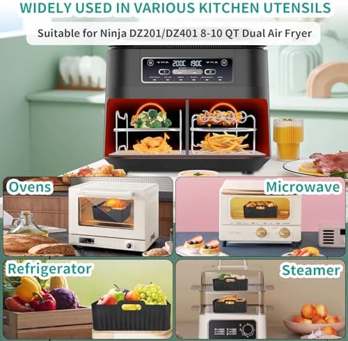 HOMELYLIFE Air Fryer Accessories, Silicone Air Fryer Liners for Ninja DZ201/ DZ401 8-10 QT Dual Air Fryer, 10 Pcs Dual Air Fryer Accessories for Ninja foodi, Cheat Sheet Magnets Cooking Guide Booklet