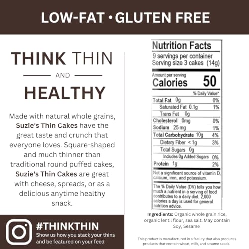 Suzie's Organic Lentil & Brown Rice Cake Thins|6 Pack|USDA Organic, NON-GMO, Fat-Free, Sugar-Free, Gluten-Free|Low-Calorie Snack-16 Calories Per Slice|Bread & Cracker Replacement