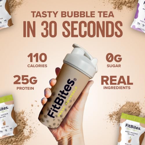 FitBites Boba Tea Protein 100% Whey Protein Powder Isolate (Milk Tea), Natural Energy Coffee Replacement, Sugar Free, Gluten Free, Lactose Free, Soy Free, Real Ingredients, 5.9g BCAAs