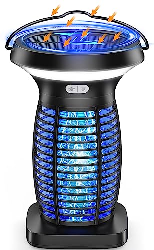 Solar Bug Zapper, 3-in-1 Mosquito Zapper with Camping Lantern, Cordless Bug Zapper for Outdoor and Indoor, Battery Powered Fly Zapper, Waterproof Mosquito Killer for Patio, Home, Backyard, Camping