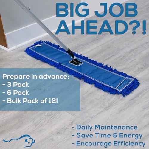 KLEEN HANDLER 6 Pack of 36 Inch Microfiber Dust Mop, Large Washable Commercial Dust Mop, Sweeper, Janitorial Dust Mop Head Replacement, Push Mop Broom, Blue