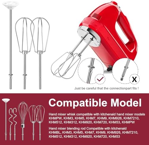 Hand Mixer Attachments Beater, Whisk, Blending Rod and Dough Hooks, Stainless Steel Hand Mixer Accessories Compatible with Kitchenaid Hand Mixers KHM3 KHM5 KHM7 KHM9, Set of 6