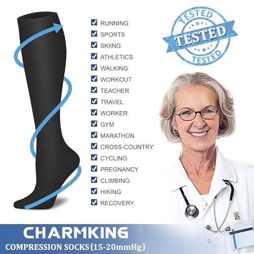 CHARMKING Compression Socks for Women & Men (8 Pairs) 15-20 mmHg Graduated Copper Support Socks are Best for Pregnant, Nurses - Boost Performance, Circulation, Knee High & Wide Calf (S/M, Multi 55)