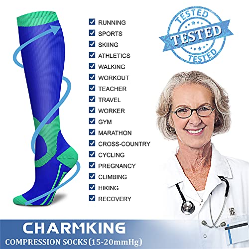CHARMKING Compression Socks for Women & Men (8 Pairs) 15-20 mmHg Graduated Copper Support Socks are Best for Pregnant, Nurses - Boost Performance, Circulation, Knee High & Wide Calf (L/XL, Multi 08)