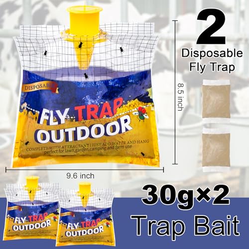 Fly Traps Outdoor Fly Trap Hanging with 30g Fly Bait, Natural Pre-Baited Fly Bags Outdoor Disposable Stable Horse Ranch Fly Trap Bag Fly Catchers Killer Outdoor 2 Pack