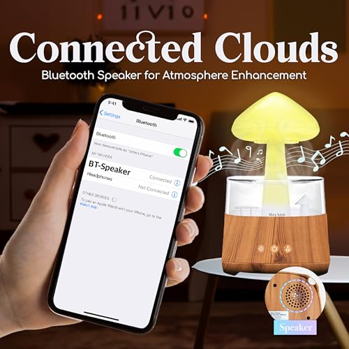 Rain Cloud Humidifier Water Drip Bluetooth Speaker, Mushroom Aromatherapy Essential Oils Diffuser with 7 LED Night Light-Gloomy Rainfall & Raindrops Relaxing Sound for deep Sleep in Bedroom (Wood)