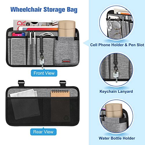 FINPAC Wheelchair Side Storage Bag w/Cup Holder, Wheelchair Armrest Accessories Pouch with Pen Slot and Reflective Strips for Power Wheelchairs, Walkers, Rollators, Seniors (Gray)