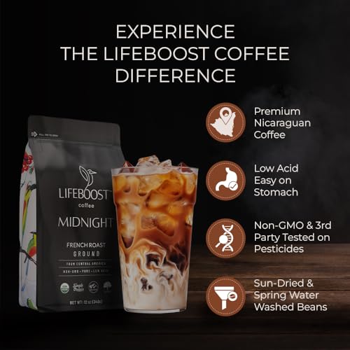 LIFEBOOST Midnight Coffee French Roast Coffee Ground - Single Origin USDA Organic Low Acid Coffee French Roast - Non-GMO Ground Coffee - Third Party Tested For Mycotoxins & Pesticides - 12 Ounces