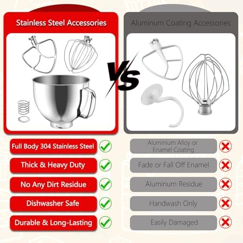Stainless Steel Replacement Accessories Kit, Compatible With KitchenAid 4.5-5QT Tilt Head Stand Mixer, Includes Mixer Bowl, 6 Wire Whisk, Flat Beater, Fits for K45SS, KSM75