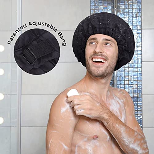 Shower Cap for Men Black Bath Cap, Reversible Large Waterproof Adjustable Shower Caps Terry Lining & Elastic Band Stretch Hem Hair Hat