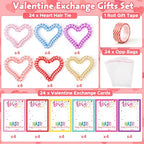Class Valentines Day Gifts for Kids Girls with 24 Pack Heart Hair Ties Hair Bands with Girls Valentines Cards School Valentines Hair Accessories for Classroom Exchange