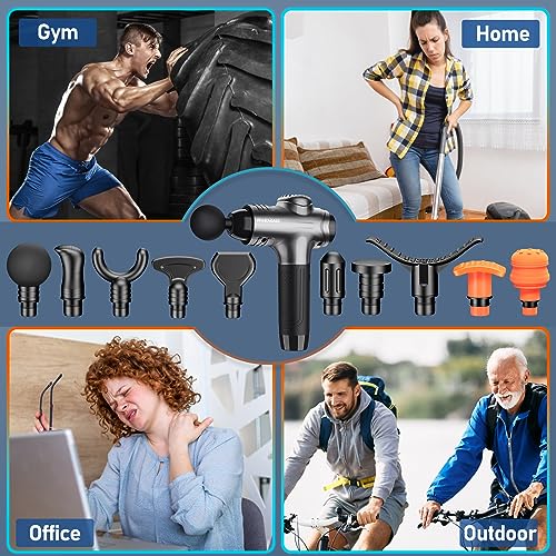 RAEMAO Massage Gun Deep Tissue, Back Massage Gun for Athletes for Pain Relief Attaching 10 PCS Specialized Replacement Heads, Percussion Massager with 10 Speeds & LED Screen, Grey
