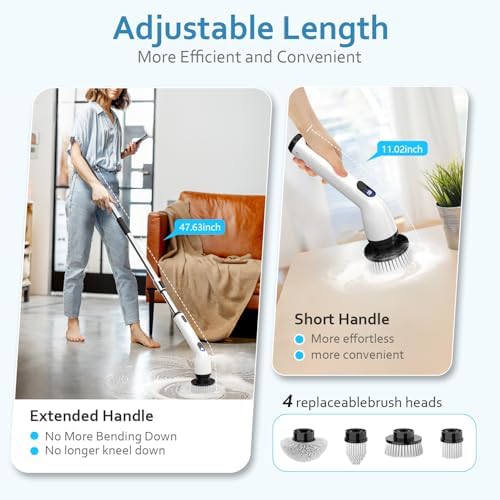 TUYU Electric Spin Scrubber, Full-Body IPX7 Waterproof Bathroom Scrubbe with Power LCD Display,8 Replacement Head for Adjustable Extension Handle Electric Cleaning Brush for Bathroom, Tub, Tile