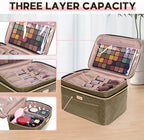 Double Layer Travel Makeup Bag Women, Large Cosmetic Case, Organizer for Travel-Size Accessories Bottles, Brushes, and Skin Care Products (Brown, Double-Layer)
