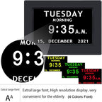 3 Colors Extra Large Impaired Vision Digital Clock with Day and Date for Elderly Calendar Day Clock Auto Dimmable Clock with Non-Abbreviated Year & Month Alarm Clock (7 inch Black)