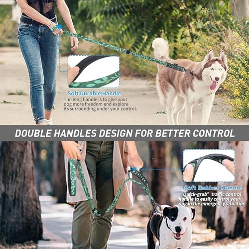 Hotsky Tactical Dog Leash Heavy Duty for Medium Large Dogs That Pull,4-6Ft Strong Bungee Shock Absorbing No Pull Dog Leash with Padded Double Handle and Car Seatbelt,Leaves