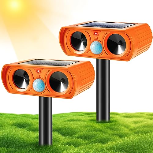 2PCS Ultrasonic Animal Repellent Outdoor Solar Animal Repeller Waterproof with Motion Detection&LED Flashing Light Sensor for Cat,Deer,Skunk Repellent Devices Deterrent for Yard Garden Farm