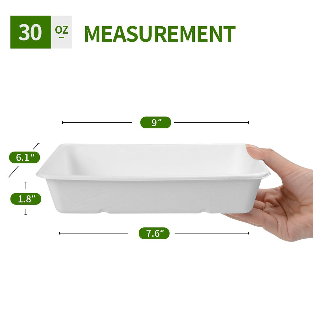 AICHEF 50 Pack 30 oz Compostable Deep Dish Plates, Rectangle Deep Disposable Plates Trays for Burger, Nacho, Taco Salad, Popcorn Snack - 9x6x1.8 inch