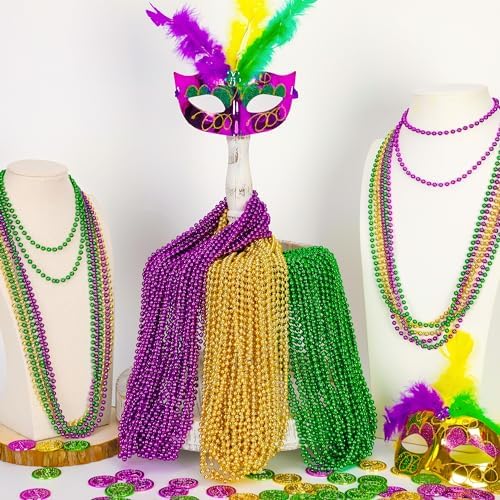 72PCS Mardi Gras Beads Throws, Mardi Gras Green Purple Gold Metallic Beads Necklaces Accessories Bulk, Mardi Gras Beads Necklace Costumes for Parade Throws Party Decorations Favor Supplies