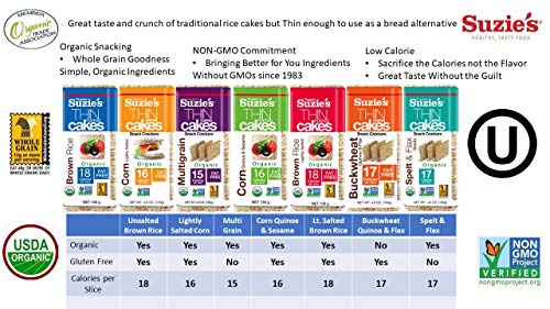 Suzie's Organic Multigrain Rice Cake Thins|6 Pack|USDA Organic, NON-GMO, Fat-Free, Sugar-Free, Gluten-Free|Low-Calorie Snack-16 Calories Per Slice|Bread & Cracker Replacement